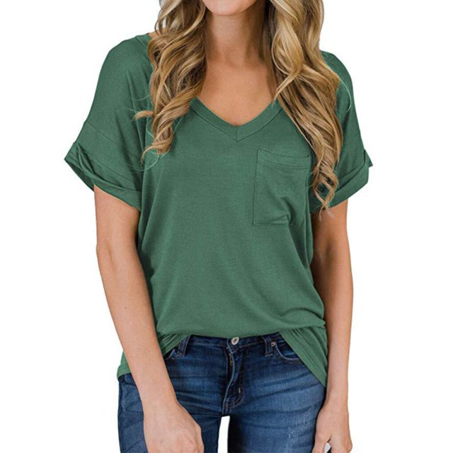 T-shirt pour Femmes Col en V Manches Courtes avec Poche Blouse d'Été Décontractée, Vert Foncé, L