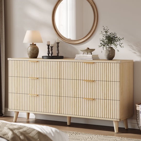 Laintene 6 Drawer Dressers Dresser for Bedroom, 53" Wide & Chest of Drawers, Boho Fluted Dresser with Wave Panel Design, Modern Storage Dressers Organizer for Living Room, Natural