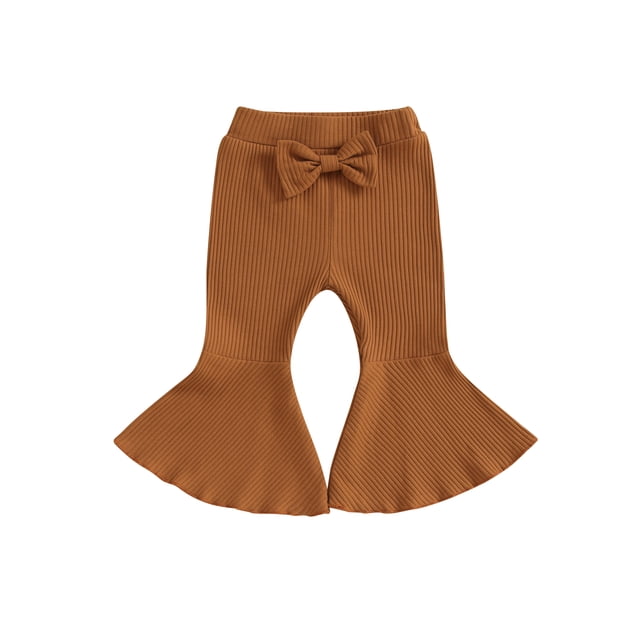 Kmbangi Kids Girl Flare Pants Solid Color Ribbed Elastic Bell Bottoms Trousers Bow Ruffle Pants for Toddler Baby
