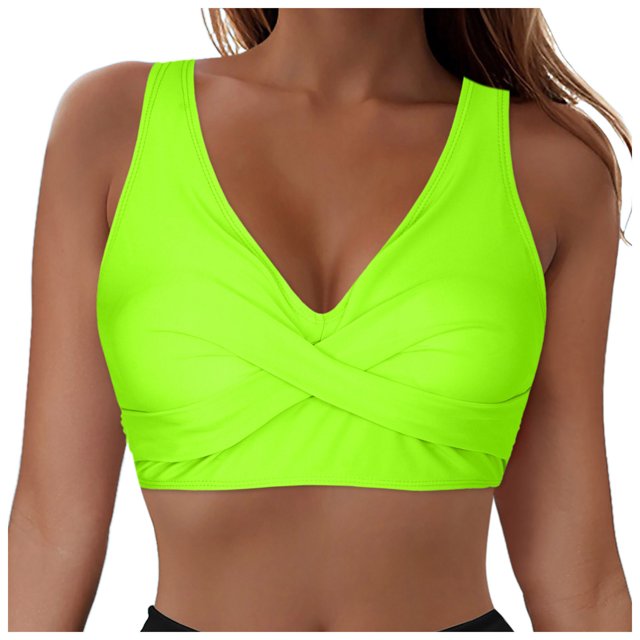 Huesdet Bikini Haut pour Femmes Maillot de Bain Col en V Bretelles Spaghetti Réglables (Jaune, G)
