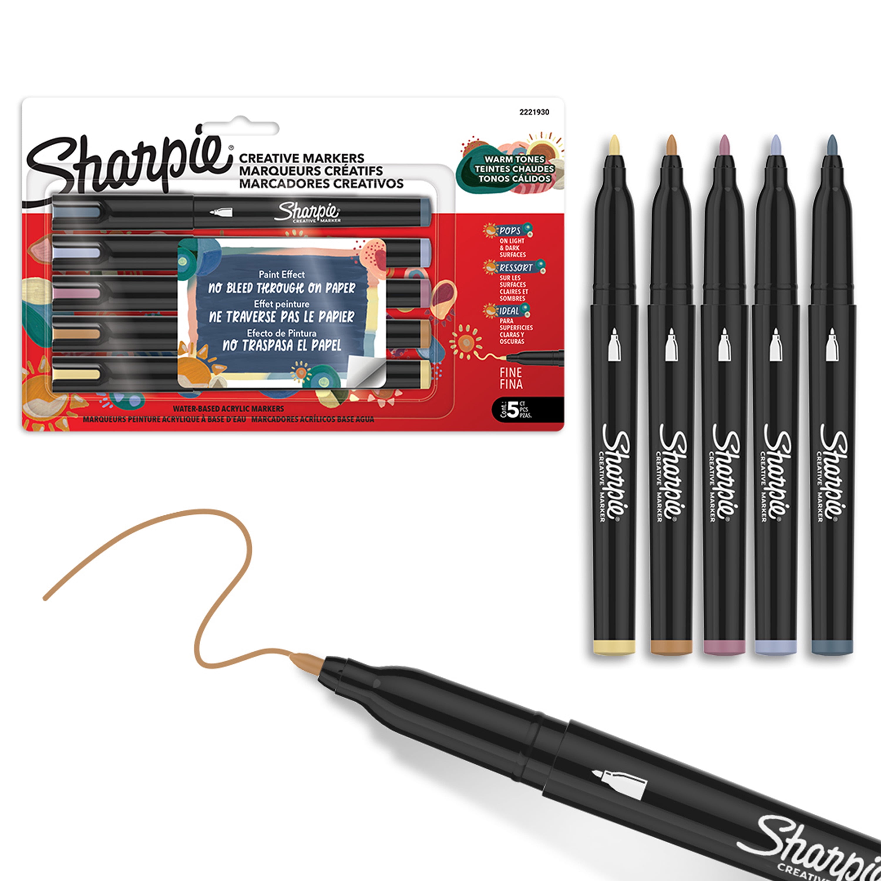 Sharpie Creative Markers, Warm Tones, Water-Based Acrylic Markers, Fine Tip, Assorted Colours, 5 Count