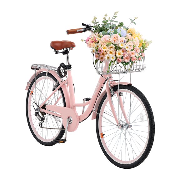 VEVOR Vélo de Croisière 26 Pouces 7 Vitesses Vélo de Plage Rose avec Panier