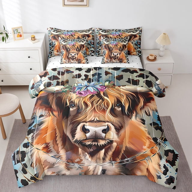 YST Highland Cow 7-Piece Comforter Set, Full, Cheetah Print, Western Animals, Leopard Animal Hide, Soft Chemical Fiber