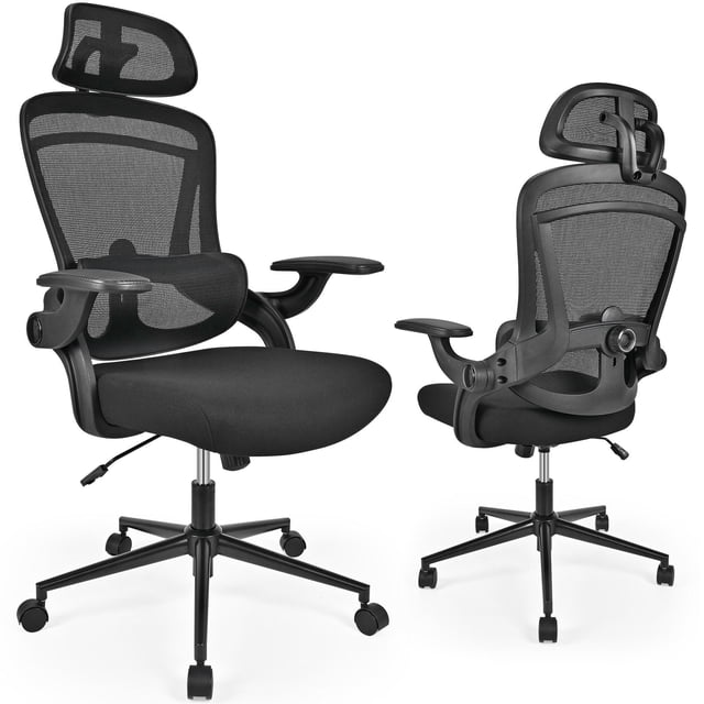 Chaise de Bureau Ergonomique à Dossier Haut avec Dossier en Maille Noire Respirante et Siège Coussiné. Comprend un Appuie-Tête 2D Réglable, un Soutien Lombaire et des Accoudoirs Relevables à 90° pour Plus de Polyvalence. la Chaise a une Fonction d'Inclinaison avec un angle d'Inclinaison du Dossier de 103°-118° et un Mécanisme de Bascule à 30°. Elle Est Réglable en Hauteur de 18,1 à 21,7 Pouces et Comprend des Roulettes à Roulement Fluide pour la Mobilité. Conçue pour le Confort et le Soutien pendant de Longues Heures Assises, Elle