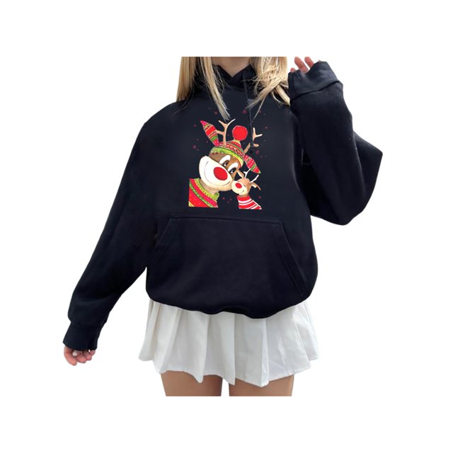 FOCUSNORM Women Juniors Christmas Printed Sweatshirt, Hooded Pullover with Pocket, Drawstring