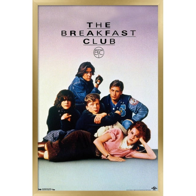 The Breakfast Club - One Sheet Wall Poster, 22.375" x 34" framed poster showing five people seated and reclining against a plain light background with the movie title in bold black letters above, printed on glossy paper for vibrant color, suitable for bedroom, office, or dorm room decor.