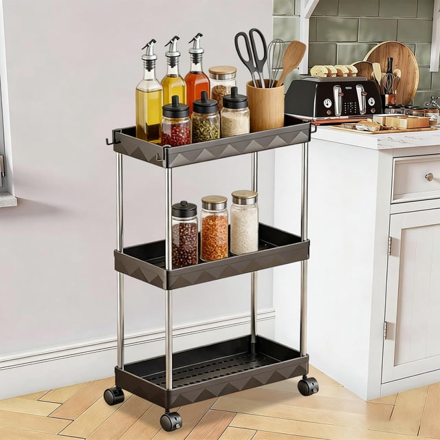 CaiYueKe Plastic Storage Cart with Wheels, 3 Tier Rolling Utility Cart, Mobile Organizer for Kitchen Bathroom Dorm, Slim Space Saving Rolling Cart, Multi-Purpose Storage Rack with Removable Shelves