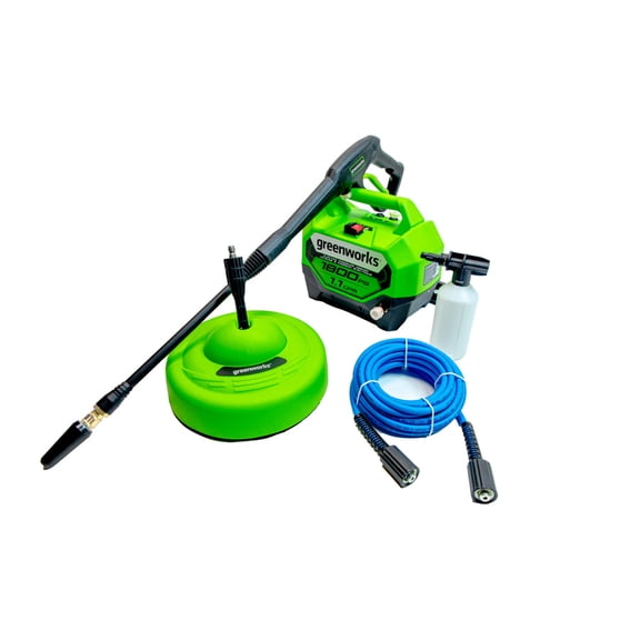 Greenworks Laveuse Électrique à Pression à Eau Froide 1,1 GPM 1800 PSI, Boyau Haute Pression, Buses 40° et Turbo, Applicateur de Savon et Nettoyant de Surface 11 Pouces