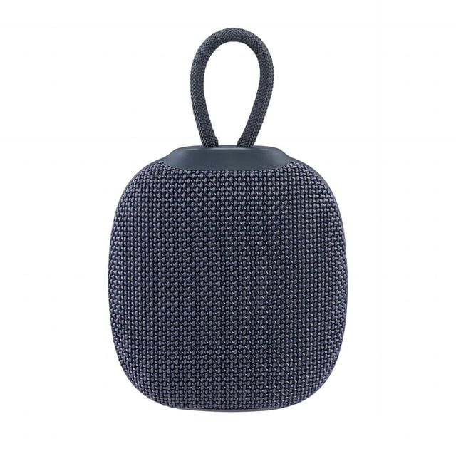 onn. Bluetooth Mini Rugged Speaker with TWS Sync Mode in grey, front view showing a compact rounded square speaker with textured fabric mesh and a braided loop handle for portability, featuring Bluetooth wireless streaming up to 33 ft. range, IPX5 water resistance, and up to 7 hours playtime, often used for portable outdoor audio.