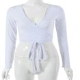 thumbnail image 4 of Womens Wrap Crop Top Deep V-Neck Knot Front Long Sleeve Basic Tee Strappy Blouse, 4 of 6