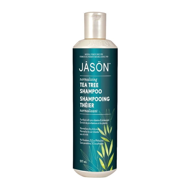 Jason Shampooing Normalisant au Tea Tree en Bouteille Blanche de 517 ml avec Étiquette Sarcelle et Motif de Feuille Botanique, Formulé avec des Pro-Vitamines et des Plantes pour Apaiser le Cuir Chevelu Sec et Qui Démange, Sans Parabènes, SLS et Phtalates, Idéal pour Normaliser la Santé du Cuir Chevelu.