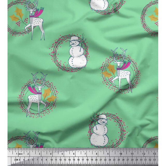 Soimoi polyester Crepe Fabric Wreath,Snowman,Reindeer Animal Print Fabric by Yard 42 Inch Wide