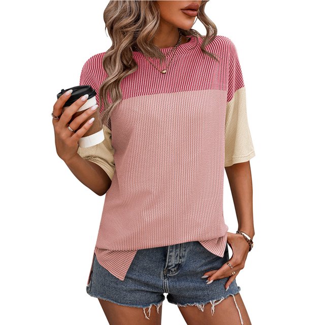Soki Hauts pour Femmes Liquidation Décontracté Manches Courtes Couleur Unie Ourlet Fendu T-Shirt à Col Rond pour Dames