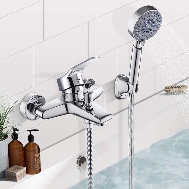 Wall Mounted Bath Faucet with Hand Shower, featuring a high-gloss mirror chrome finish and a single lever for water flow and temperature control. Includes a full brass shower valve, ceramic valve for no leaks, and a metal rod with a flexible hose. The hand shower offers 5 spray functions for a customizable shower experience. Shown installed on a tiled bathroom wall above a bathtub, with water flowing from the hand shower.