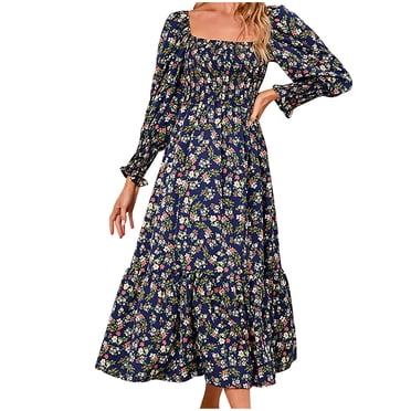 RKSTN Robe Maxi à Manches Longues pour Femmes, Encolure Carrée, Décontractée, Boutonnée, Bohème, Imprimé Floral, Automne, Longues Robes