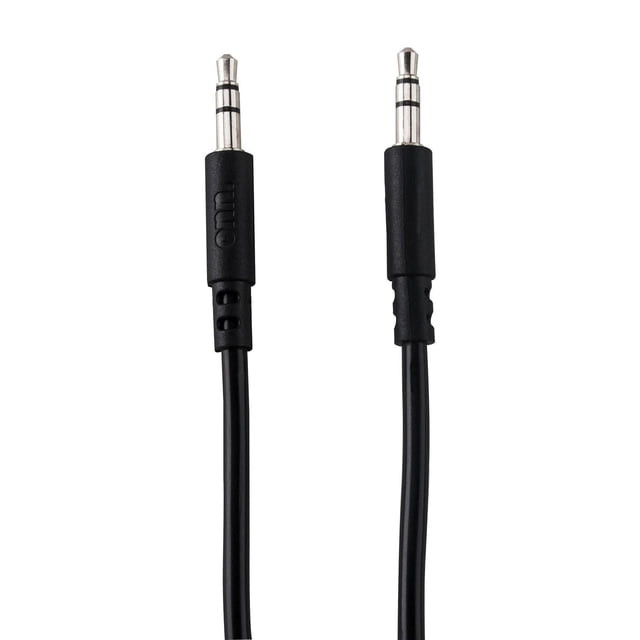 onn. 3 FT./91.4 cm 3.5 mm AUX Cable with black cord and silver metal 3.5 mm connectors featuring black plastic grips, designed for connecting audio devices to Bluetooth speakers, car stereos, or home sound systems, also suitable for auxiliary audio input.