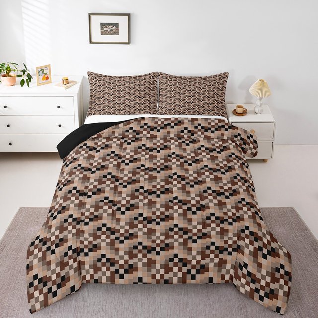 Erosebridal Geometry Bedding Twin Comforter Set for Teens, Brown Comforter Sets Twin Size, Rectangle Checkered Reversible Down Comforter, Super Cozy Bedroom Decoration, 2pcs
