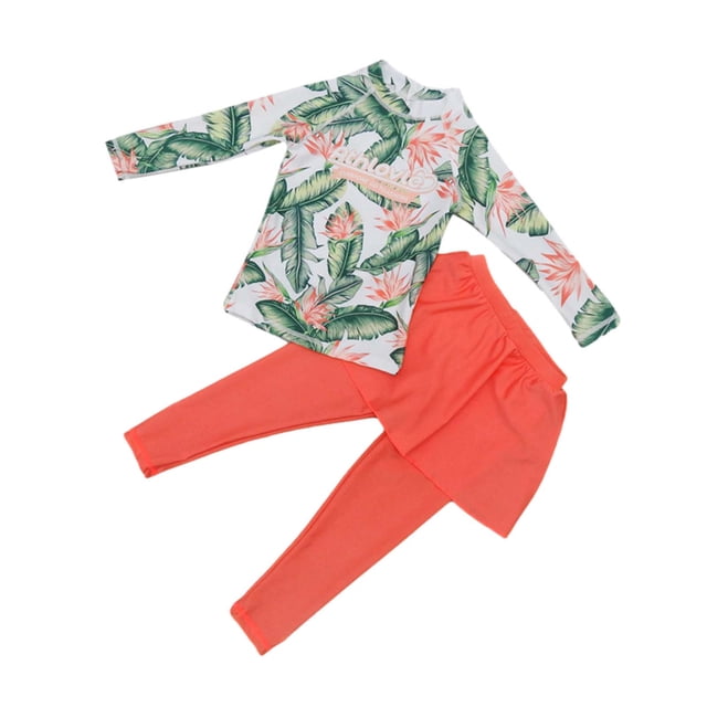 Zwiiyzr 2025 Filles Enfants Maillot de Bain 2 Pcs Imprimé Floral Haut anti-UV à Manches Longues et Pantalon Long avec Jupe Combinaison anti-UV Protection Uv Tenue de Plage Maillot de Bain 3-11 Ans Vert