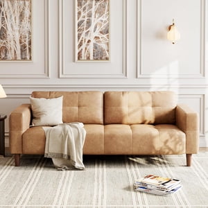3-Seater Sofa Couch, 83 in Wide Faux Leather Sofa Couch with Spring Cushion, Modern Sofa with Deep Seats and 2 Removable Back Cushions, for Living Room, Bedroom, Apartment, Office, Brown