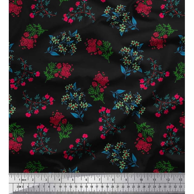 Soimoi polyester Crepe Fabric Leaves & Pink Flower Floral Print Sewing Fabric Yard 52 Inch Wide
