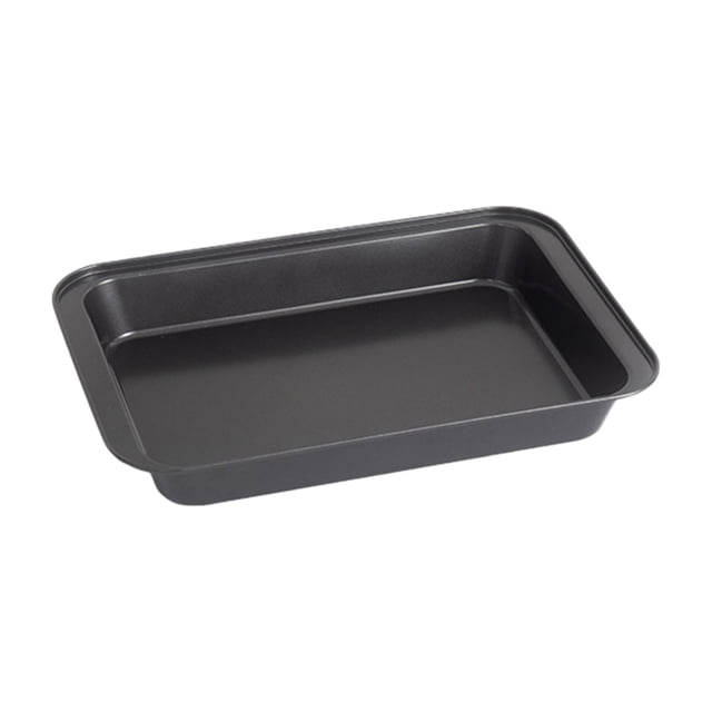 Leojiow Baking Sheet Pan Nonstick Baking Sheets Rectangle Bakeware Oven Pan in black, featuring a durable thick steel construction to resist warping. This nonstick baking tray measures 16.73x11.18x2 inches and is designed for easy cleaning and versatile use, including baking cookies, roasting chicken, and more. Its stackable design allows for compact storage, making it ideal for maximizing kitchen space.