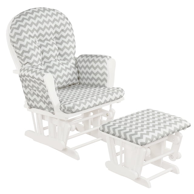 Patiojoy Rocking Chair Baby Nursery Chair Glider with Ottoman & Storage Pocket in grey and white. This rocking glider features a solid wood frame, padded armrests with detachable storage pockets, and soft microfiber fabric cushions with a chevron pattern. Includes a matching ottoman for added comfort and support. Ideal nursery furniture for living rooms, bedrooms, and nurseries.