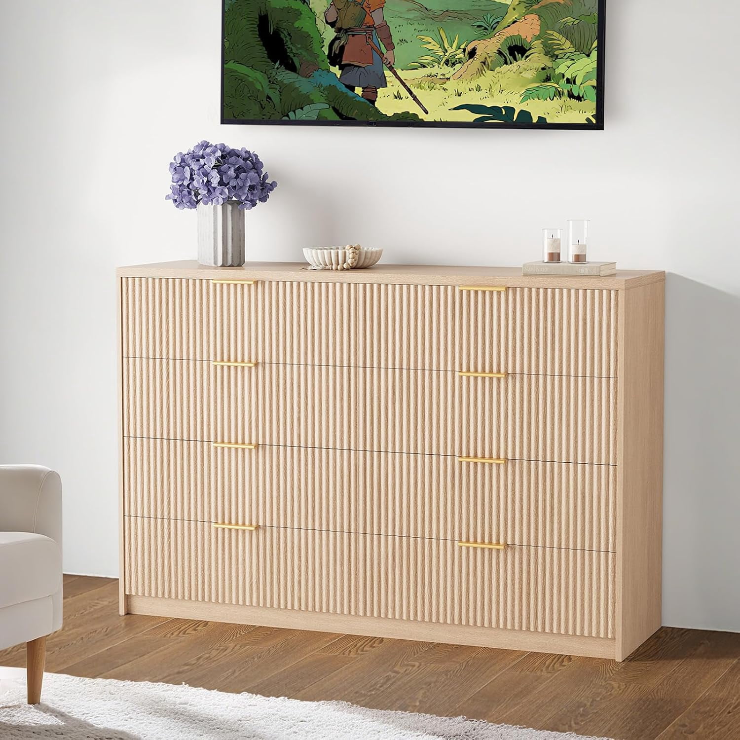8 Drawer Fluted Dresser for Bedroom, 55" Wide Modern Chest of Drawers with Metal Handle, Fluted Wood TV Stand, Modern Large Dresser for Closet, Living Room and Entryway, White