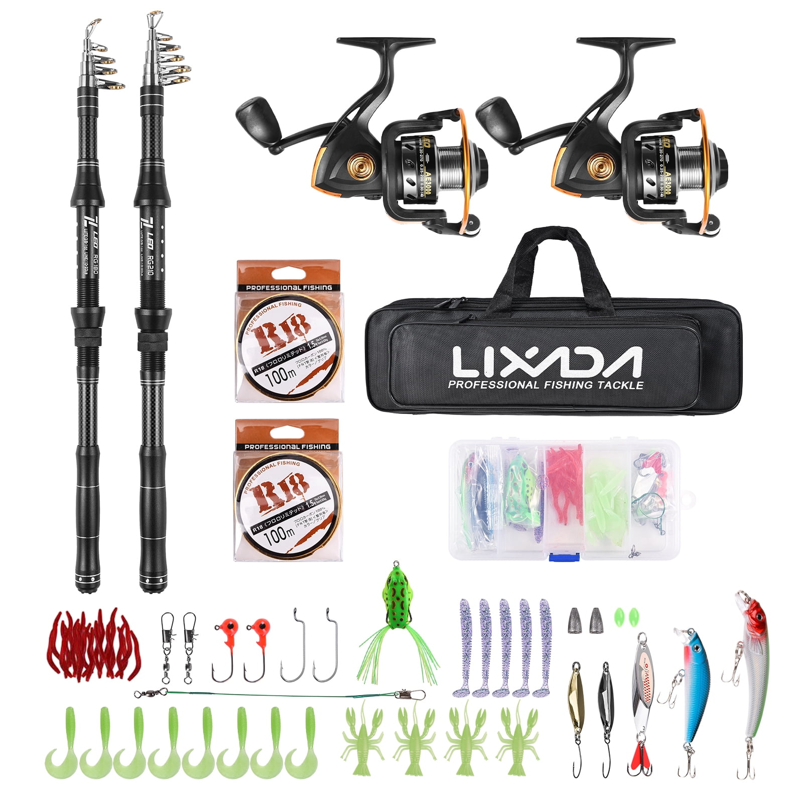 Lixada Lixada Carbon Fishing Rod and Reel Combo Set with Carry Bag (Double Rods) - RG180 & RG210 Black Carbon Short Sea Rods with 2 AE3000 Reels, Complete Fishing Gear Package