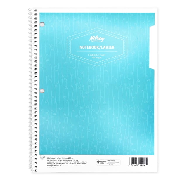 Hilroy® Core+ Paper Notebook with a blue cover featuring a subtle swirl pattern, 1-subject coil binding, and 120 wide-ruled pages with margin. Designed to lay flat for easy note-taking, suitable for students and professionals in office and school environments.