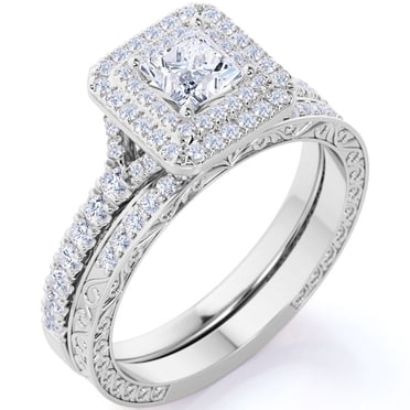 JeenMata 1.75 ct - Square Cut Moissanite - Pave Set - Split Band - Double Halo Engagement Ring - Bridal Set - 18K White Gold Plating