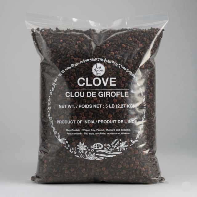Just Spices - Whole Clove (Lavang), 5 lb (2.27 kg) value pack in a clear plastic bag. The cloves are black-brown dried flower buds, labeled as a product of India. The packaging highlights its strong aroma, bold flavor, and suitability for cooking, baking, and beverages. The bag includes allergen information, noting possible contact with sesame, mustard, and nuts.