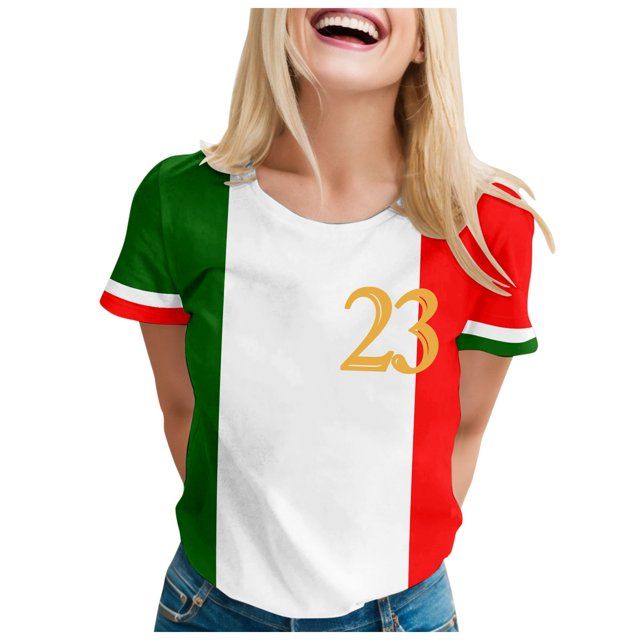 WEIYLL T-Shirt Women European Cup Italy Printed Patchwork Red Tee Sizes XL