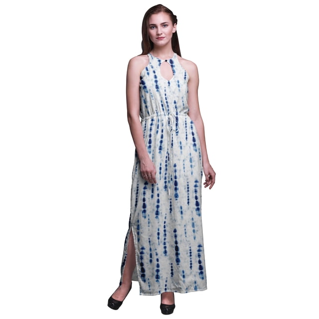 Bimba Shibori Ladies Crew Neck Waist String Print Maxi Dress with Side Slits Summer Wear-X-Small