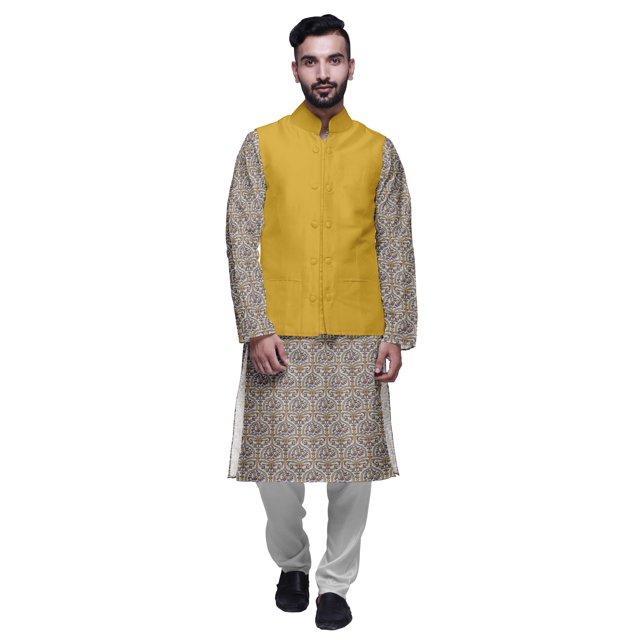 Atasi Ensemble Kurta Pyjama Ethnique Classique à Manches Longues Imprimé pour Hommes Tenue Décontractée