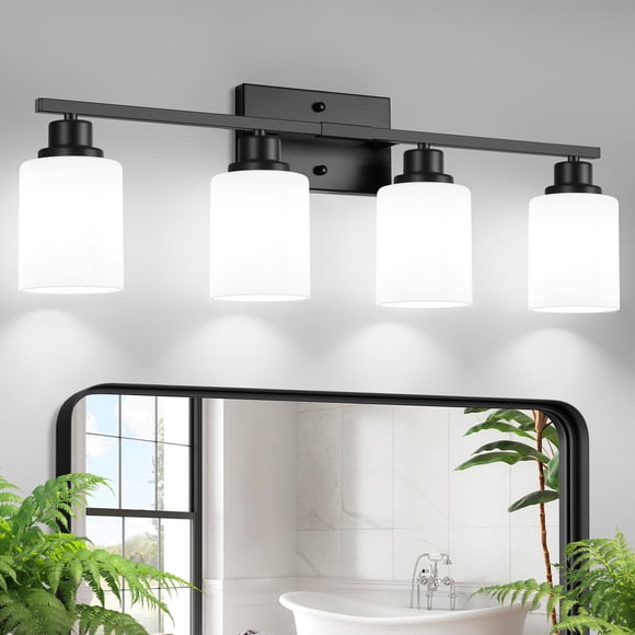 Ascher Bathroom Light Fixtures, 4-Light Vanity Light Over Mirror, Matte Black Wall Sconces with Milky White Frosted Glass Shades, Wall Lamp for Livin