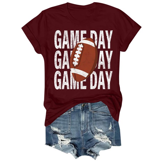 Charmgo Haut pour Femmes Tendance T-Shirts Jour de Match T-Shirt Imprimé 2D pour Femmes Manches Courtes Col Rond T-Shirt Mode Léger Doux Tenue Décontractée Vêtements pour Femmes Football Vin m