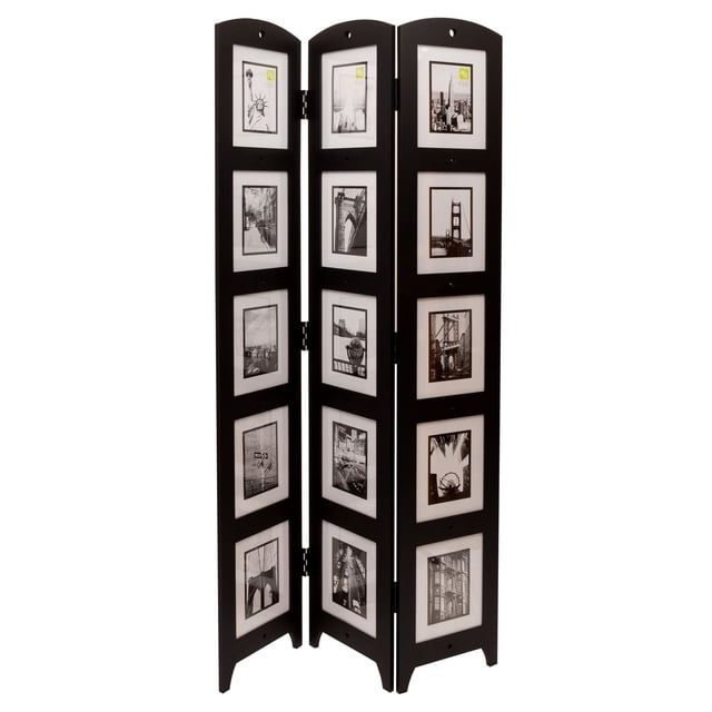 Kiera Grace Photo 3-Panel Room Divider with three black solid wood folding panels, each featuring four rectangular frames displaying black and white cityscape photos, hinged for flexible room partitioning and privacy, suitable for dividing spaces or showcasing artwork.