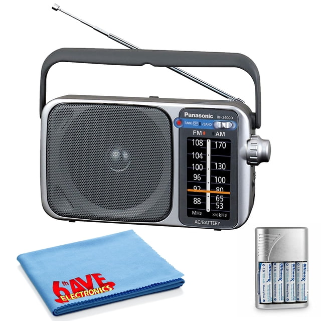Panasonic Portable AM/FM Radio in silver with a large, easy-to-read dial featuring a fluorescent pointer for visibility in low light. The radio includes a digital tuner with Auto Frequency Control (AFC) for smooth and stable tuning, and a built-in antenna for clear AM and FM signal reception. The bundle comes with four AA batteries, a charger, and a microfiber cleaning cloth. The radio is compatible with 3.5mm headphones for private listening and can be powered by batteries or an AC adapter, making it ideal for camping, emergencies, or power outages.