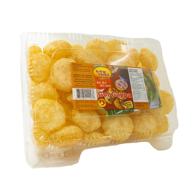 Verka Gol Gappa (Panipuri/Semolina Puffs), 175g, clear plastic container holding uniform, hollow, crispy golden semolina puri shells used for Indian snack Pani Puri, with visible product label showing ingredients and nutrition facts, ideal for authentic homemade street food.