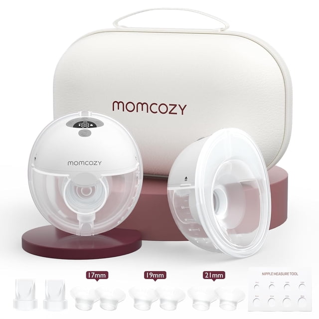 Momcozy M5 Hands Free Breast Pump, a wearable electric breast pump with 3 modes and 9 levels for efficient and personalized pumping. Features double-sealed flanges, ergonomic breast arc design, and multiple flange sizes (17mm, 19mm, 21mm, 24mm) for a snug fit. Includes a carrying case and accessories for convenience.