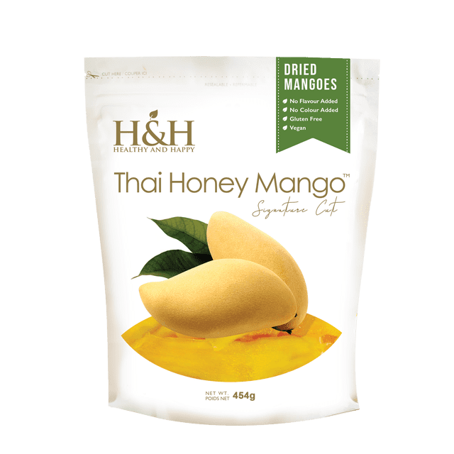 H&H Healthy & Happy Miel Thaï Mangue Mangue Séchée Sac Refermable avec Deux Mangues Jaunes et des Feuilles Vertes sur Fond Blanc, Étiqueté Sans Gluten, Végétalien, Sans Saveur Ni Couleur Ajoutées, Poids net de 454 g, Convient pour une Collation Santé Ou pour Rehausser les Gâteries de Fruits Séchés d'Asie de l'Est.