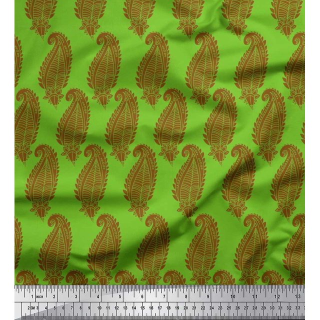 Soimoi Green Cotton Poplin Fabric Brown Paisley Print Sewing Fabric Yard 42 Inch Wide
