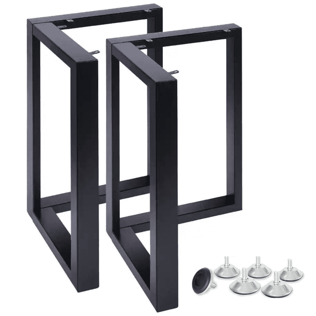 Set of 2 AnthroDesk Carbon Steel Metal Table Legs with matte black powder coating, featuring an L-shape design and 28-inch height. Each leg is constructed with sturdy hollow square tubes measuring 50mm x 30mm, supporting up to 330 lbs. Includes adjustable feet for stability, ideal for furniture accessories like dining tables, coffee tables, patio furniture, and home office setups.