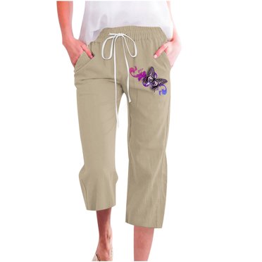 Meichang Pantalons Capri pour Femmes Décontractés Été Coton Lin Pantalons Amples Taille Élastique Pantalons Larges Coupés avec Poches