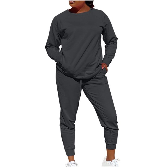 Timegard Ensembles 2 Pcs pour Femmes Col Ras du Cou Haut à Manches Longues Pantalon de Course Tenues d'Automne Confortables avec Poches