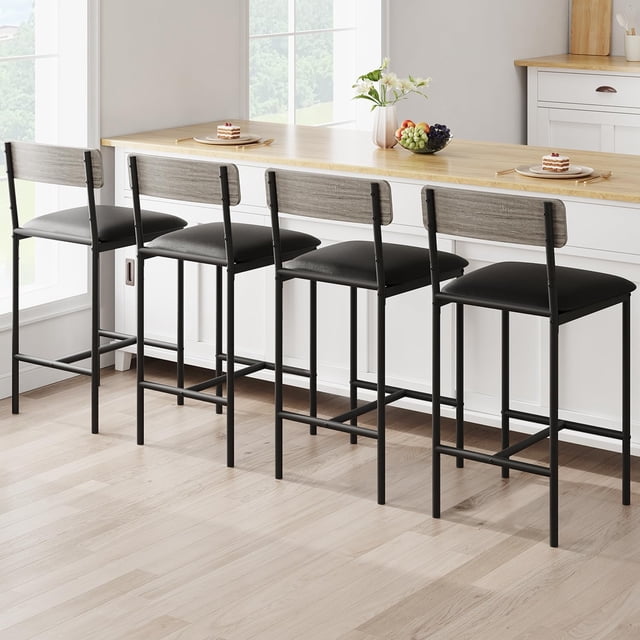 Ourlova Bar Stools Set of 4 - Kitchen Bar Stools with Footrest - PU Upholstered Counter Height Barstools - Bar Chairs with Back for Kitchen Island/Apartment/Counter Bar - Easy Assembly - Gray