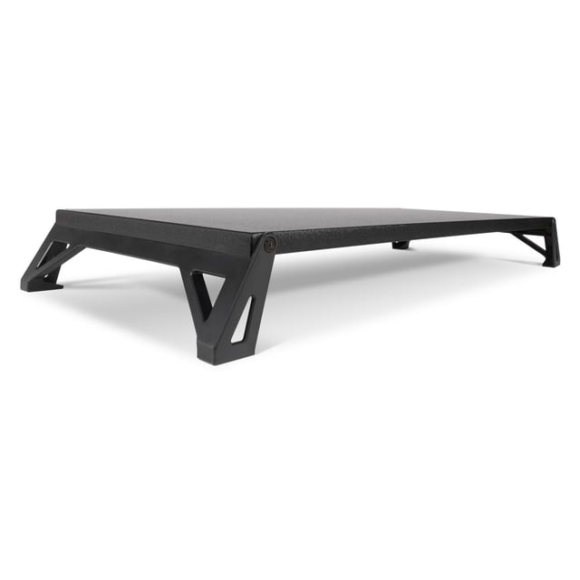 Black Allsop Lo Riser monitor stand featuring a wide platform and adjustable legs for dual height settings.