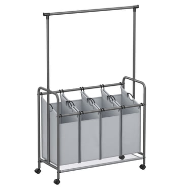SONGMICS 4-Section Laundry Sorter, Rolling Laundry Cart with Hanging Bar, Heavy-Duty, Gray