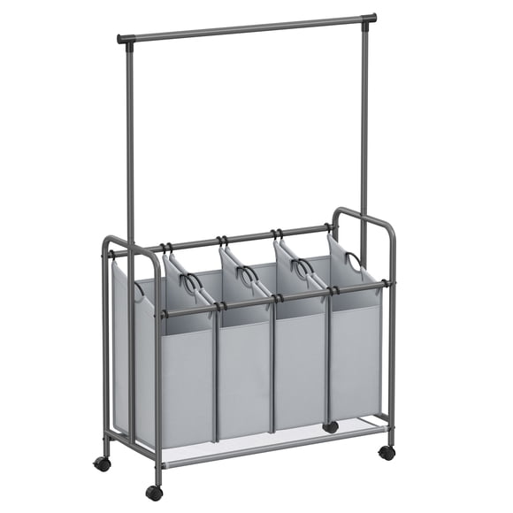 SONGMICS 4-Section Laundry Sorter, Rolling Laundry Cart with Hanging Bar, Heavy-Duty, Gray
