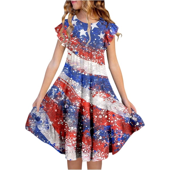 TJAZFJPA Girls' 4Th of July Print Flutter Sleeve Tiered Dress Red White and Blue Patriotic A Line Summer Dress with Pockets Casual Party Dress for Toddler Kids Girls Dresses Size 14-16 Casual